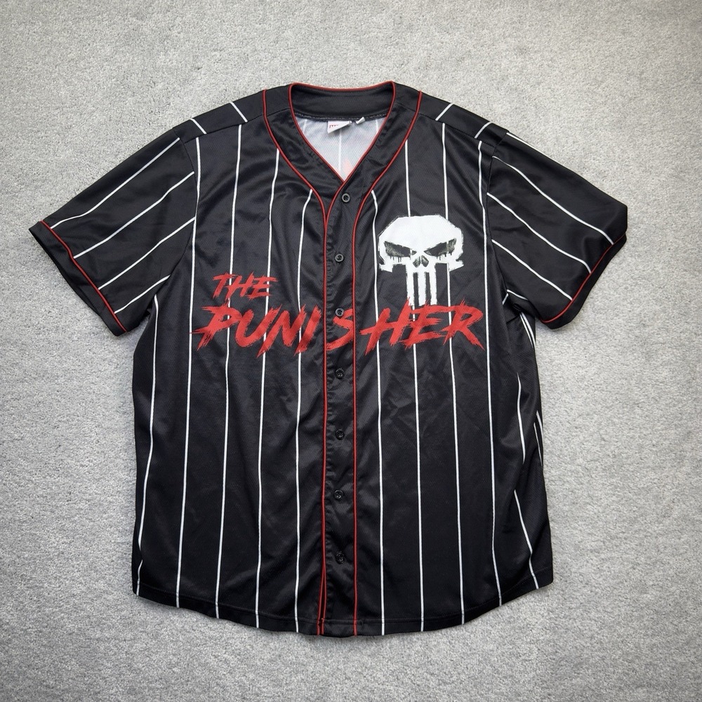 The Punisher Marvel Comics Baseball Jersey Mens XL Black Pinstripe Skull Shirt